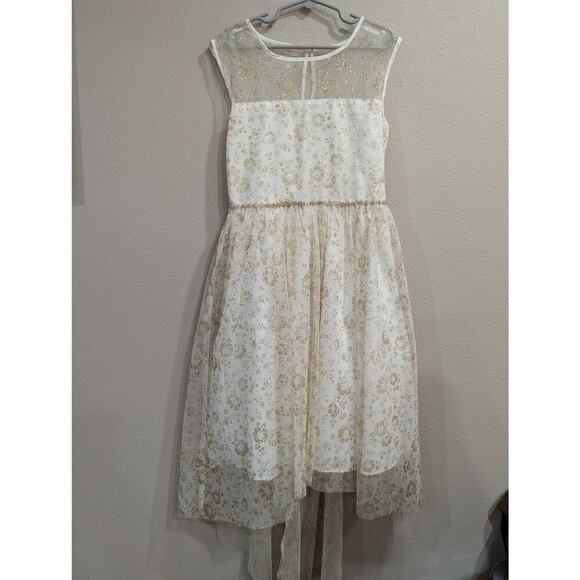 Gorgeous white and gold Girls sleeveless high low dress w/gold & rhinestone belt - Picture 1 of 9